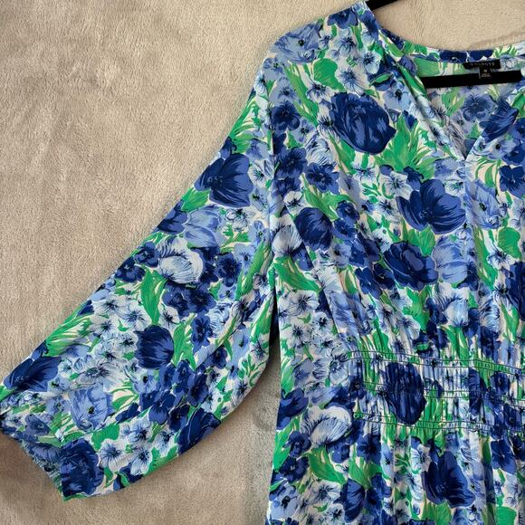 Talbots Dress Womens 18 Blue Green Floral Smocked Midi Cottagecore Ruffle Hem - Picture 3 of 7